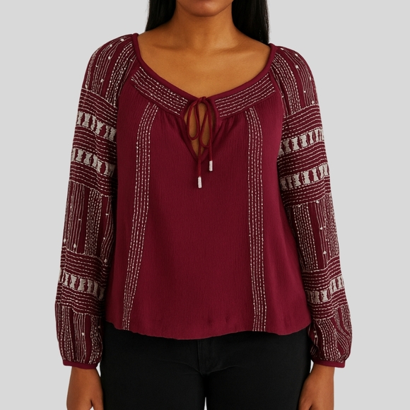 Free People Blouse Women's Size Small Burgundy White Boho Beaded Embroidered - Picture 1 of 15